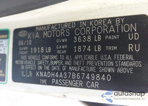 2011 Kia Rio Lx z USA, uszkodzony, nr VIN KNADH4A37B6749840